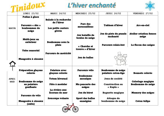 Programmes de l'ALSH pour la 1ère semaine des vacances d'hiver