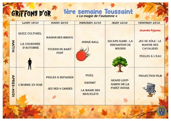 Planning Griffons d'or 1ère semaine